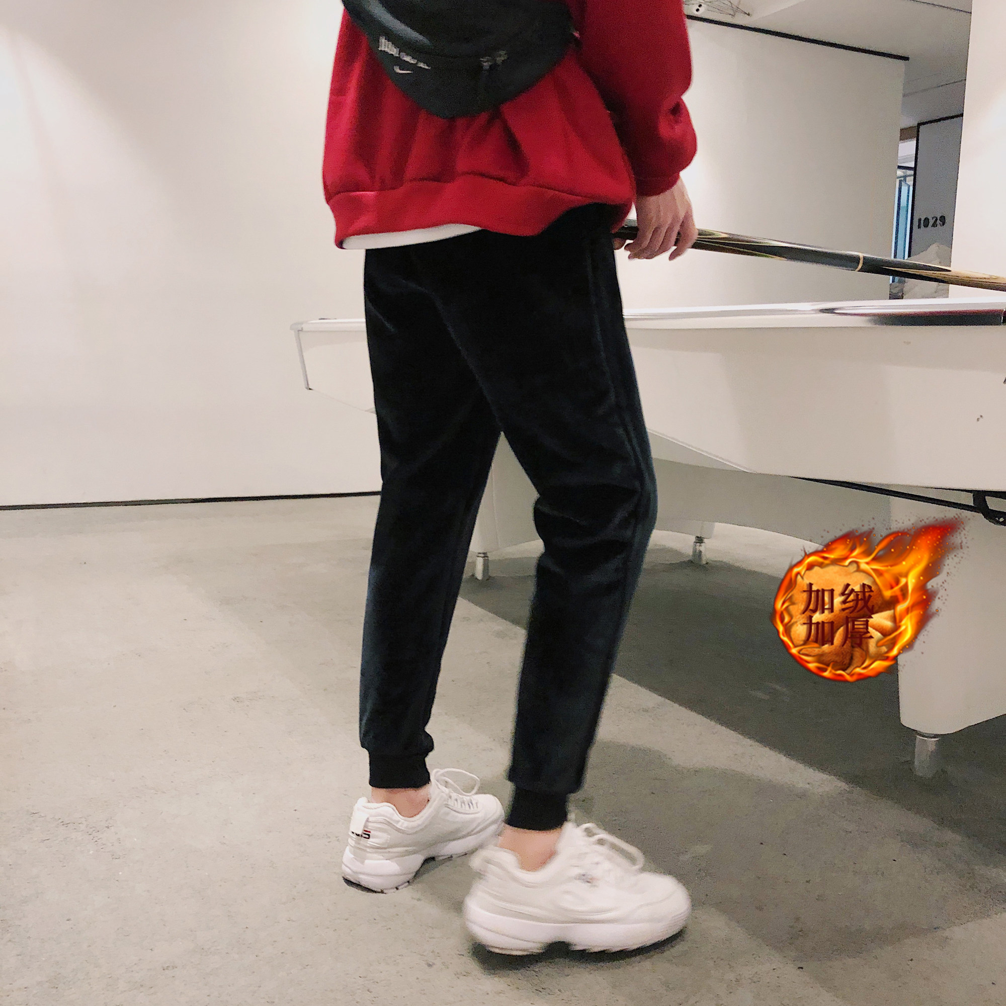 703 日系大码宽松男士金丝绒双面加绒织带休闲裤图片