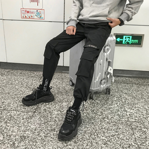 703港风多口袋工装休闲运动裤ins反光字束脚长裤图片