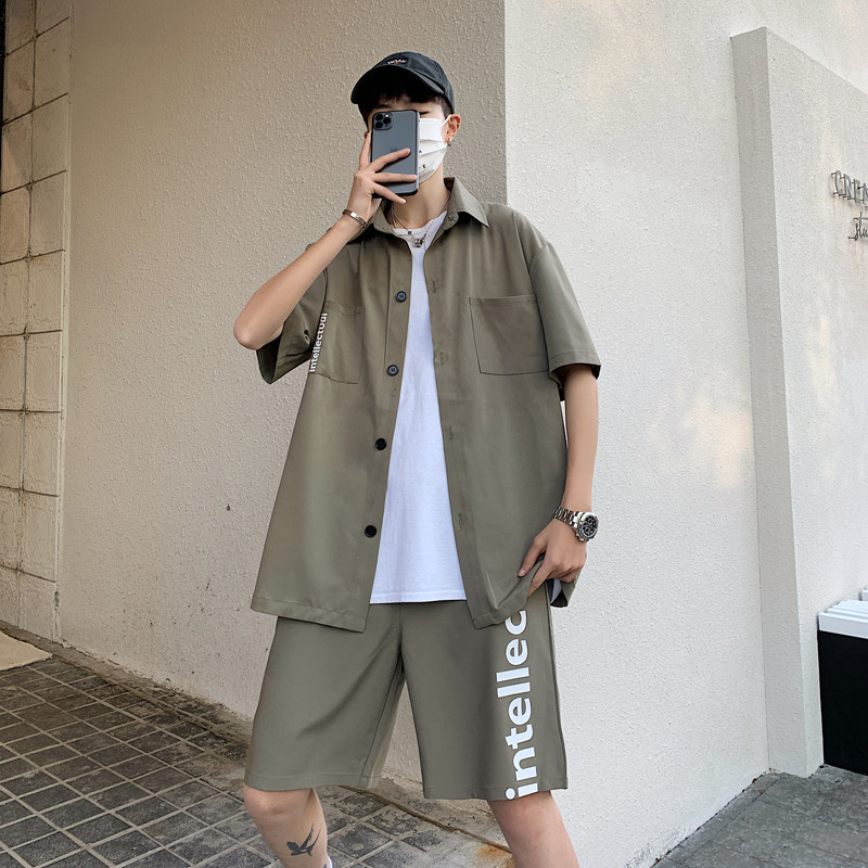 703-TZ207  夏季男士工装休闲衬衫印花短裤套装 松紧加拉链腰图片