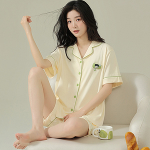 夏新款女纯棉薄款女睡衣短袖短裤莱卡棉时尚开衫力可外穿女家居服