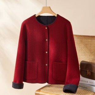 2025秋冬新款圣诞红过年圆领双面羊绒大衣女短款毛呢外套女小个子