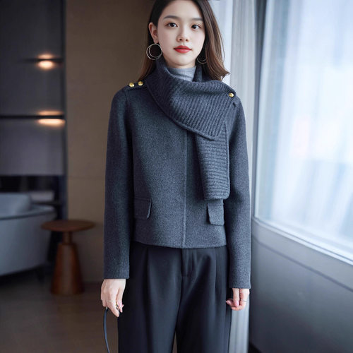 大衣女款2025新款高级感双面羊绒大衣女短款可脱卸围巾毛呢子外套