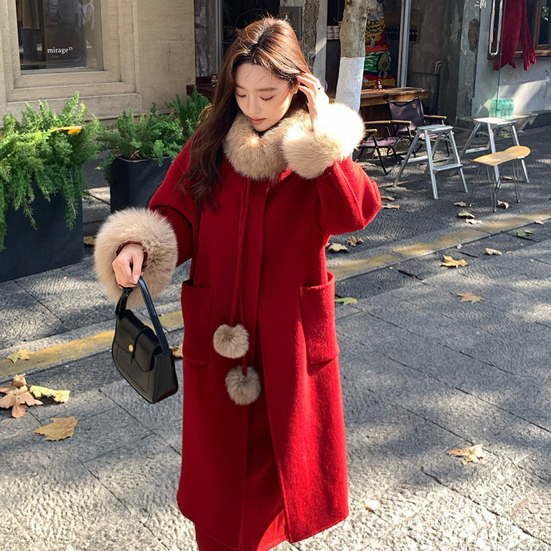 甜心奶球红色大衣女本命年2025新款冬新娘结婚全羊毛双面呢子外套
