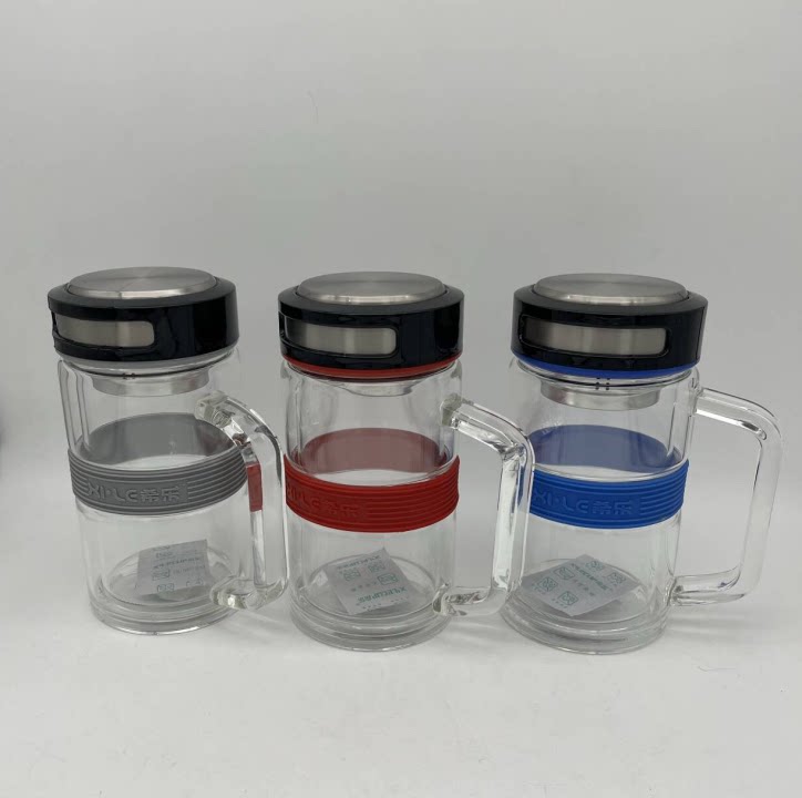希乐朔玻办公杯带把手双层玻璃泡茶杯时尚耐高温办公水杯330mL