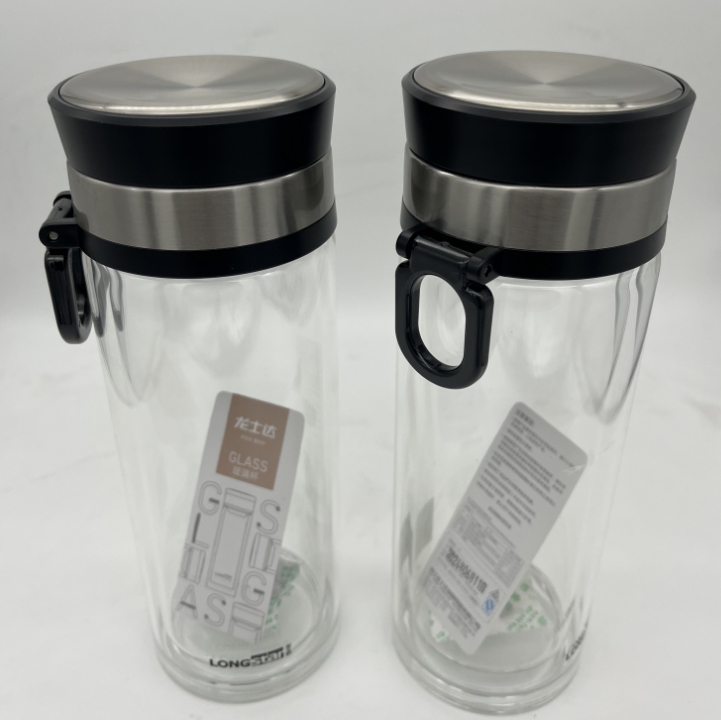 龙士达大容量商务玻璃杯车载水杯带拎手茶杯双层玻璃杯480mL