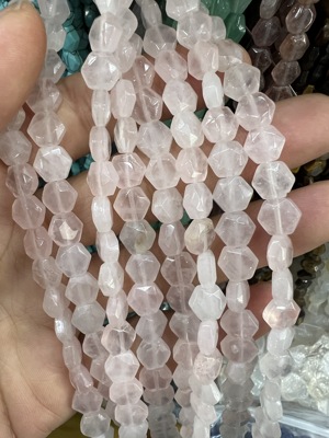 8mm天然粉水晶六边形圆饼切面散珠diy手链项链半成品配饰配件材料