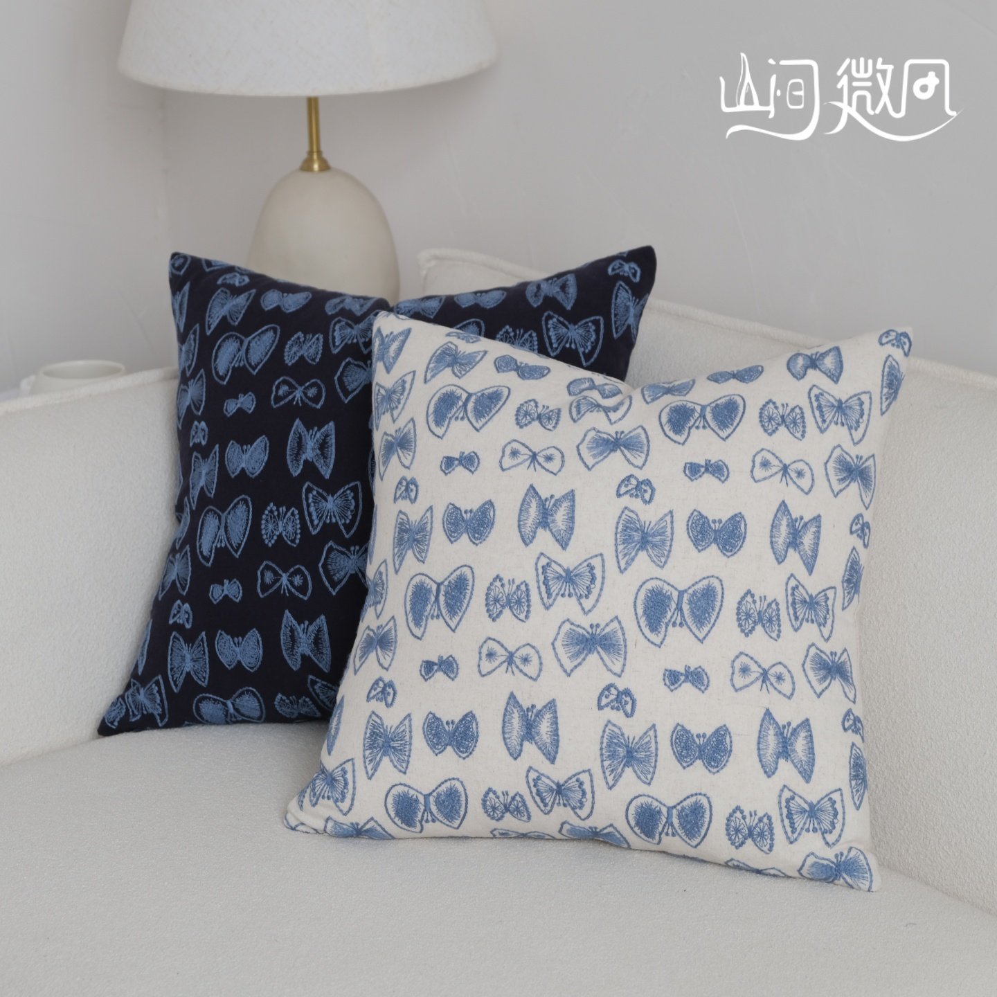 棉麻刺绣抱枕中古风法式中国风蝴蝶绣花靠枕床头大靠垫套靠包蓝色