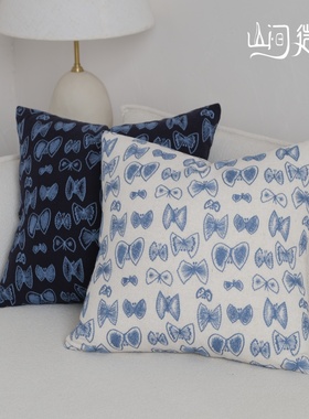 棉麻刺绣抱枕中古风法式中国风蝴蝶绣花靠枕床头大靠垫套靠包蓝色