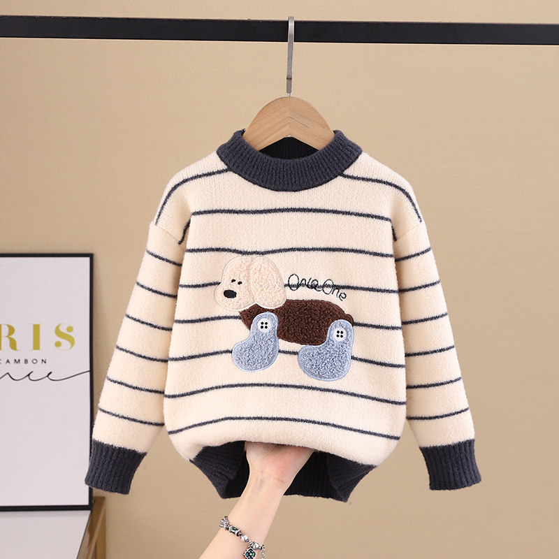 条纹男童毛衣套头2025秋冬季儿童针织衫卡通小狗打底衣中小童毛衫