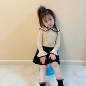 时髦喇叭袖 miyababy女童针织衫 2023春夏新款 镂空毛衣宝宝翻领上衣