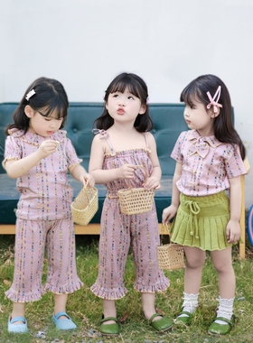 Miya MP粉碎花套装女童夏季韩版吊带衫花边领上衣领结短袖花边裤