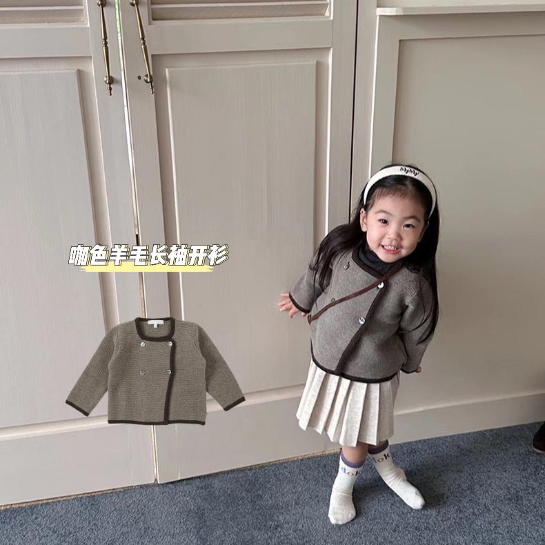 复古方领双排扣毛衣开衫外套