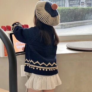 miyababy手工球球毛衣女童2025秋冬藏蓝色翻领毛衣开衫宝宝厚外套