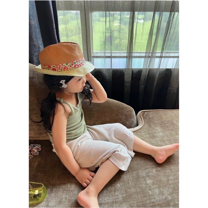miyababy 夏日蝴蝶结奶绿吊带女童丝光针织衫七彩鎏金阔腿裤套装