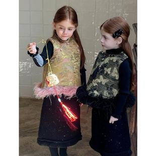 Miya 新中式金丝提花马甲套裙女童冬加厚夹棉可脱卸鸵鸟毛拜年服