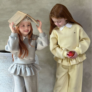 套装 Miyababy 休闲上衣花边长裤 女童2025秋韩版 假领卫衣花边套装