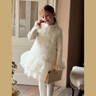 Miyababy珠花旗袍背心裙女童2025冬新年拼纱无袖连衣裙贺岁针织裙