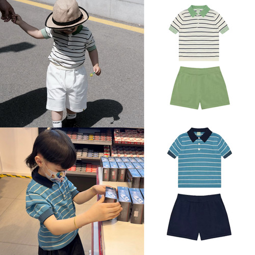 条纹polo针织衫套装男女童夏季