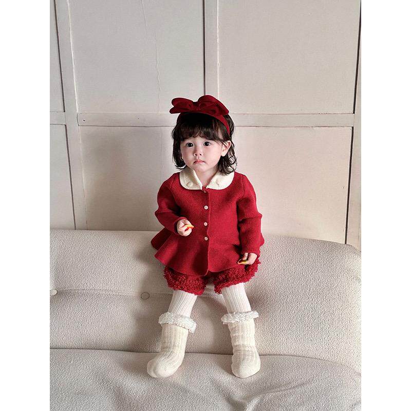 Miya 新年圣诞毛衣套装女童秋冬翻领撞色A摆针织开衫宝宝花边短裤