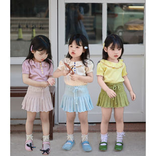Miya MP花边领泡泡袖套装女童2025夏韩版可爱短袖T恤针织百褶裙裤