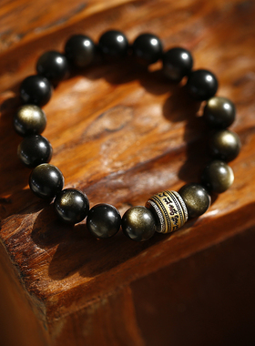 软语黑曜石纯银六字真言可转手链