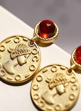 古堡庄园丨软语原创设计古董金币橙色石榴石S925纯银古法金耳钉