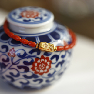 招财进宝丨软语设计古典绝美天然红宝石古法纯银镀金龙形搭扣手链