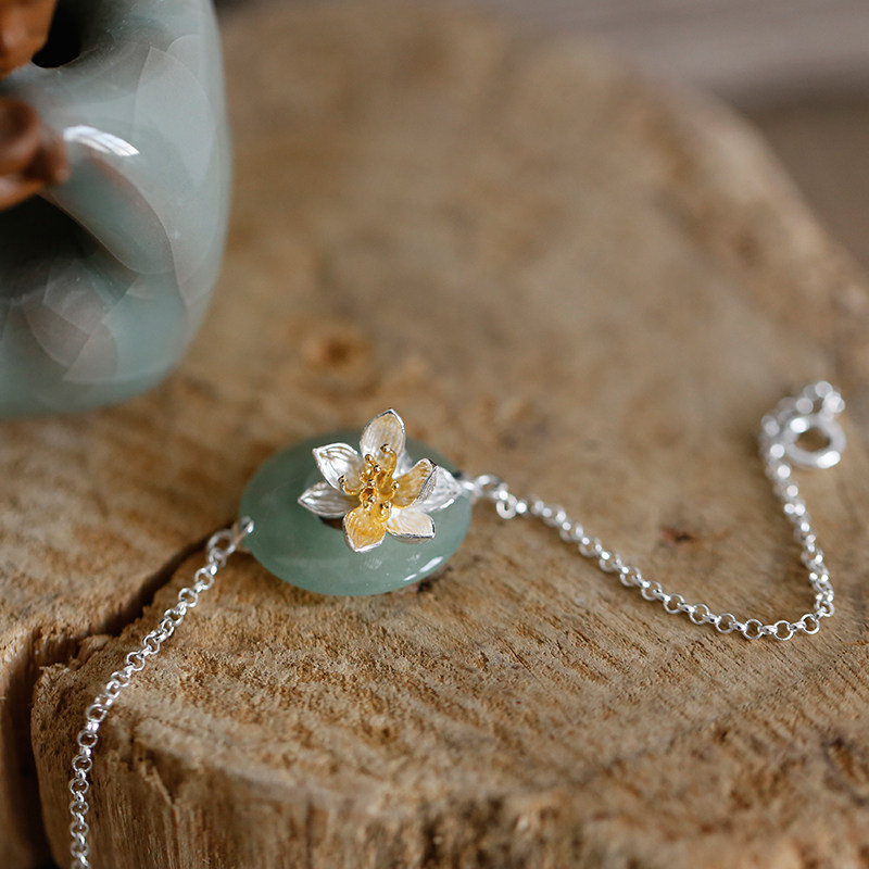 荷华丨软语设计古典美学中式天然东陵玉粉晶莲花S925纯银手镯手链