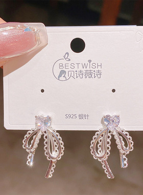 实拍蝴蝶结耳钉女银色镂空小众设计丝带耳环甜美风设计感轻奢风