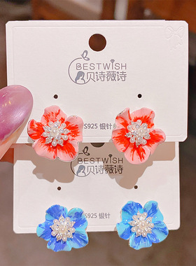 实拍爆款法式温柔时尚气质手绘珐琅简龄蓝色花朵耳钉感耳饰