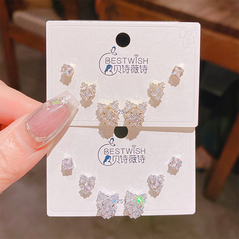 实拍新品蝴蝶结锆石球球小耳钉三对装 女轻奢风精致感耳饰品