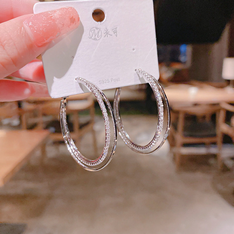 实拍925银针真金电镀锆石素圈耳圈耳环 简约气质性感街拍耳钉饰品