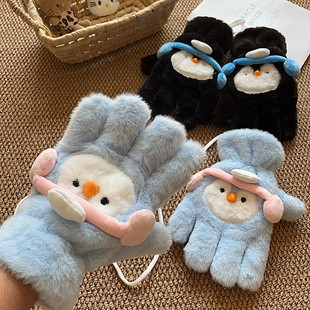可爱企鹅手套女冬季保暖加绒加厚挂脖学生防风骑车五指触屏手套男