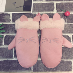 手套女冬可爱韩版卡通连指挂脖学生麂皮绒保暖加厚绒防寒骑车手套