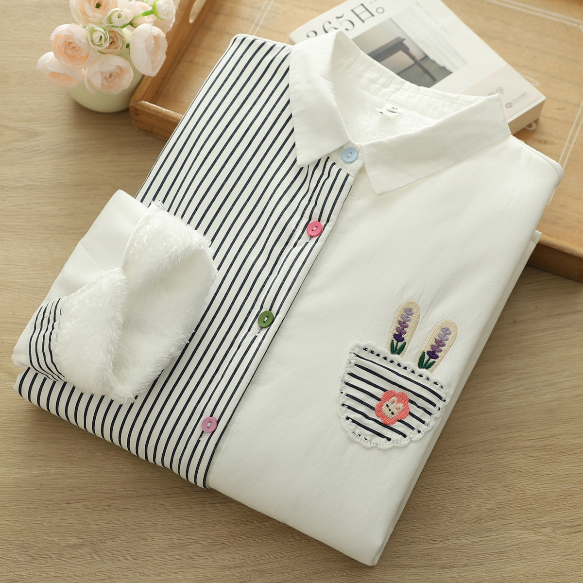 韩范文艺小清新条纹拼接纯棉加绒加厚白衬衫女内搭学生衬衣打底衫