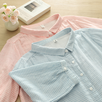 纯棉短袖格子衬衫女夏季新款日韩系温柔正肩内搭衬衣宽松上衣外套
