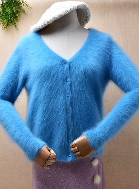2022秋冬款ins长毛貂绒天蓝色v领修身显瘦开衫外套毛衣女192