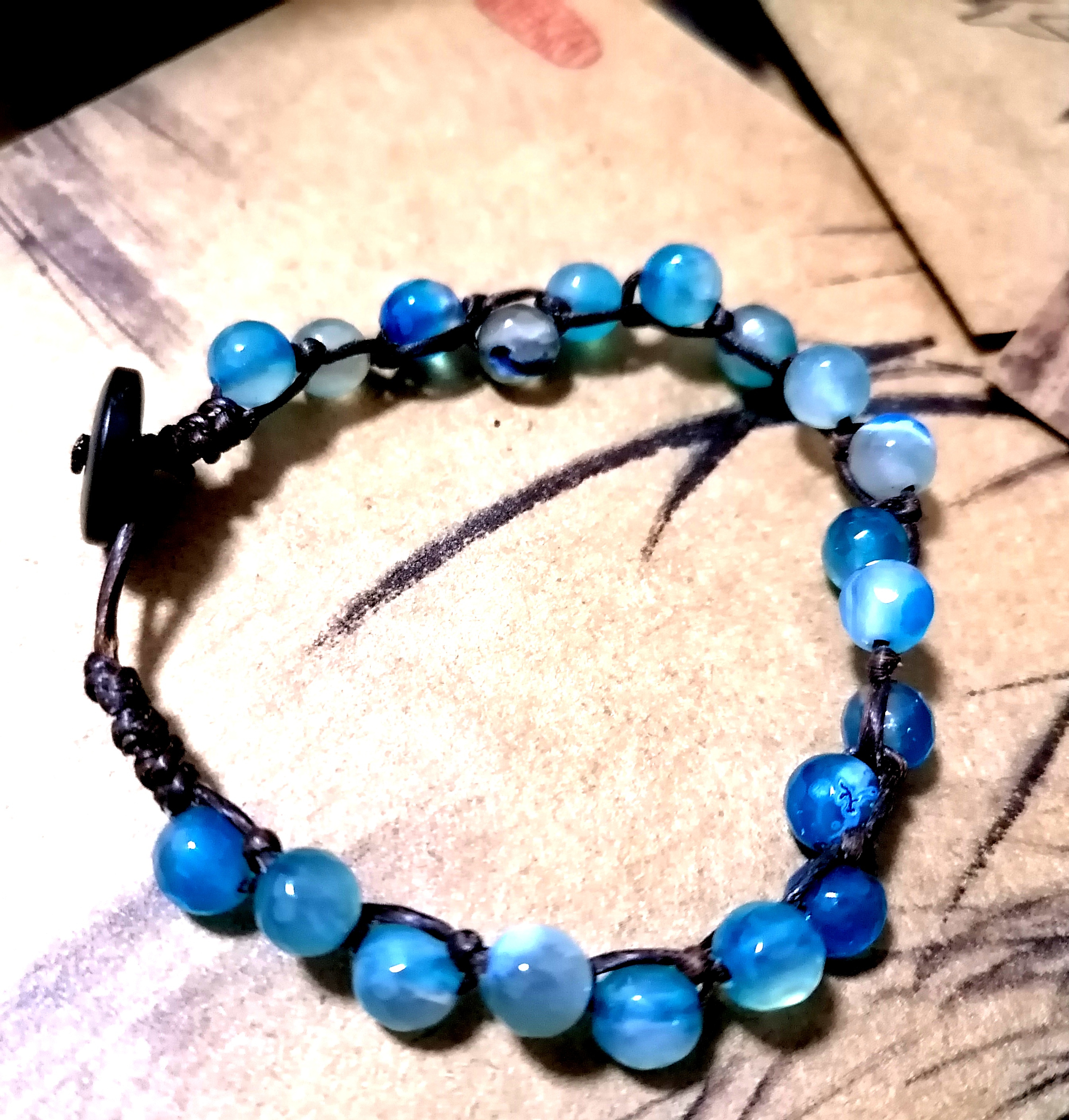 福百瑞珠宝天然淡蓝玛瑙水晶蜡绳编织清新美貌百搭手链