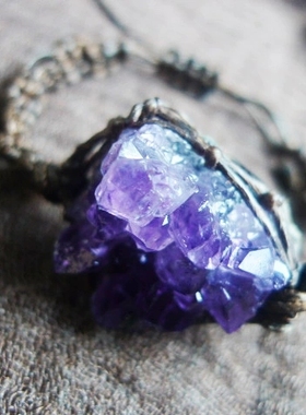 福百瑞珠宝天然紫晶簇水晶原石手编螺旋纹复古美搭蜡绳手链