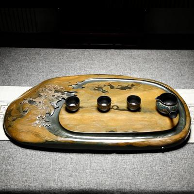 非遗大型歙砚原石砚台茶盘金皮籽料湿泡山水雕刻茶海石头茶台端砚