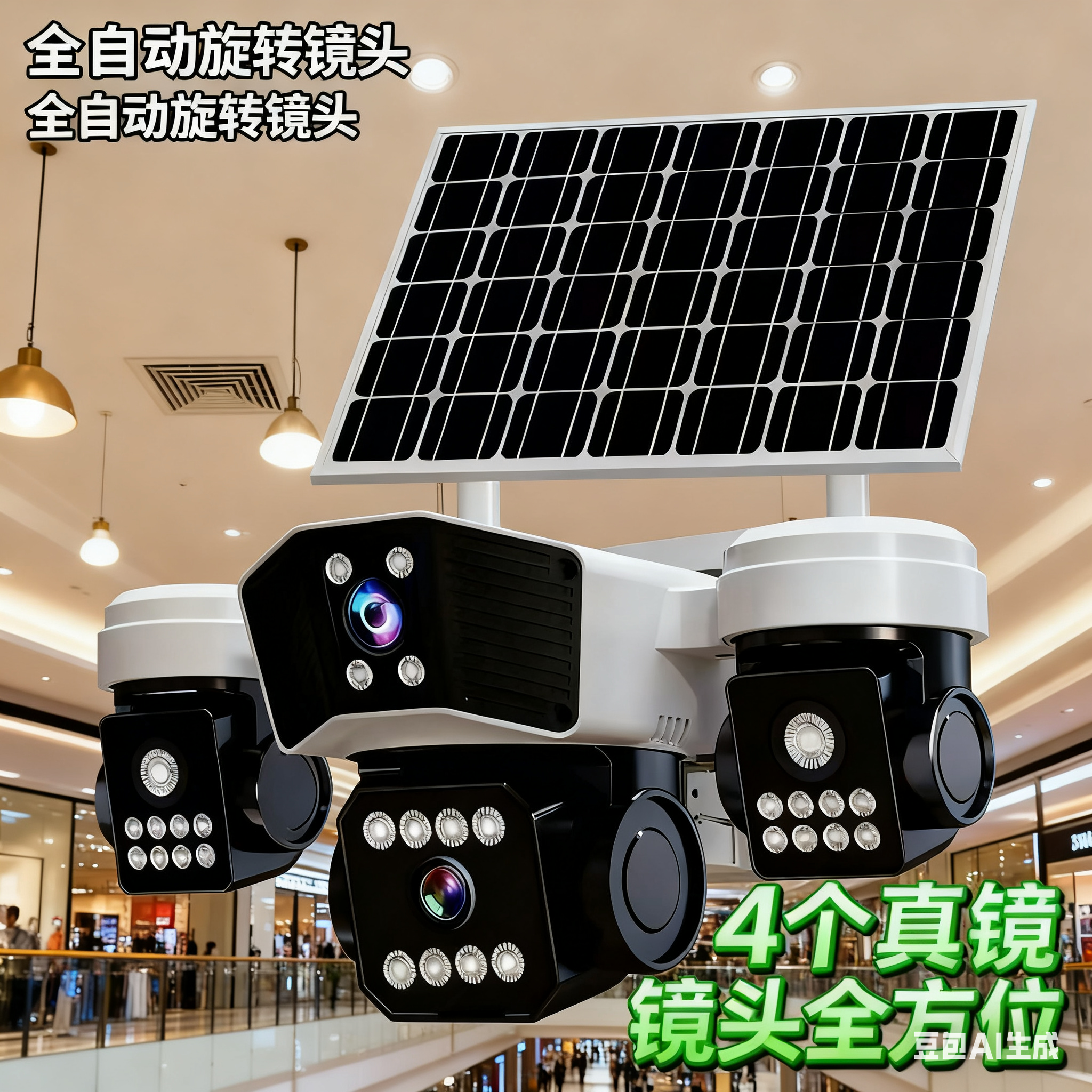 新款太阳能监控器摄像头  四个画面手机远程高清夜视5G无电无网