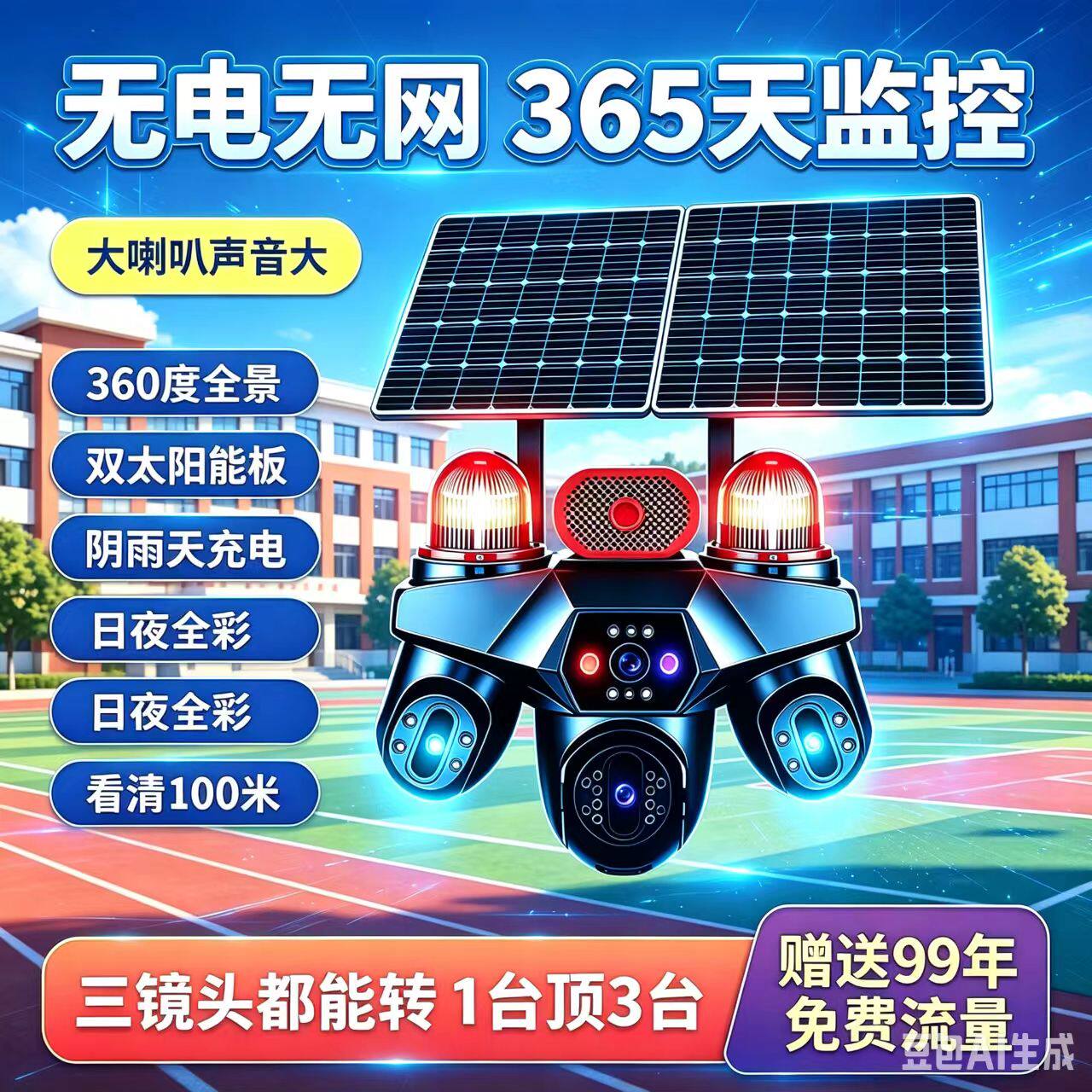 无电无网三镜头4G手机远程摄像头室外果园鱼塘养殖监控黑光臻全彩