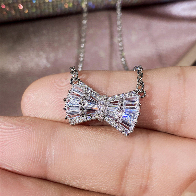 fashion bow pendant necklace silver color chain with shiny