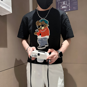 B323-DT66-P48控68社会小伙短袖T恤男店主风小熊刺绣潮流半袖衣服图片