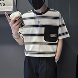 夏季条纹T恤男宽松高级痞帅社会小伙店主风B323-DT45-特P58控78，男装T恤，星座301C（原B323）