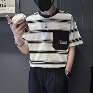 夏季条纹T恤男宽松高级痞帅社会小伙店主风B323-DT45-特P58控78图片
