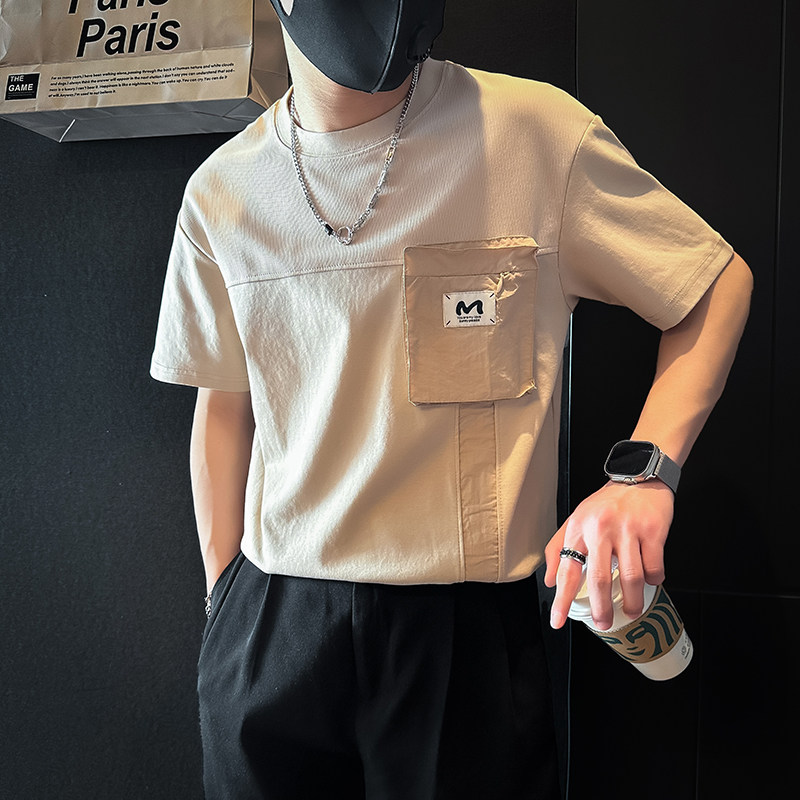 短袖T恤男拼接织带社会小伙店主风男生高级感痞帅B323-DT53-P58,男装T恤,星座301C（原B323）