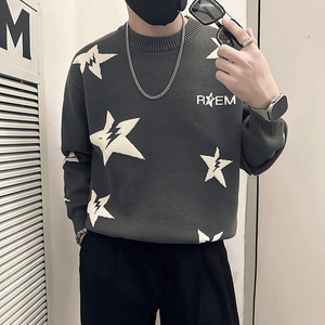 抖音五角星钩花毛衣男圆领加厚针织打底衫B323-M40-P68控98图片