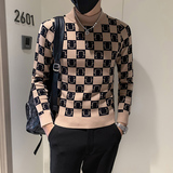 社会小伙半高领毛衣男格子潮牌ins痞帅炸街秋冬款三色M19-P68，男装针织衫/毛衣，星座301C（原B323）