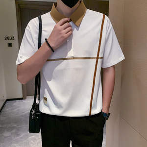 短袖polo衫男夏季潮牌高级感贴条翻领社会风T恤 白色 PL14/特P45图片